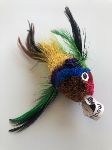 bestselling multicoloured cat toy attachment that looks like a bird with feather wings and tail