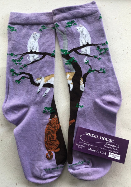 Socks - Wheel House Women’s Socks – playful cats lounging and climbing trees crew socks