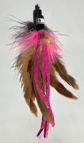 pink and brown feather cat toy attachment, variety of feathers and lengths, max is 6" long