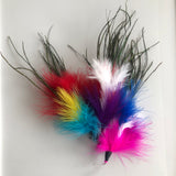 The latest addition to our handmade feather teasers. Staff and test cat favourite, it is very light and fun for your cat to bat around, pounce upon and carry around in their mouth. Variety of coloured feathers including peacock. This beautiful creation is sure to entice your cat. Play together when attached to rod or wand or leave out to appeal to your cat's natural hunting instinct to catch a "bird". Approximately 7" long  to the tip of the peacock feathers, seen here in variety of bunch of 3