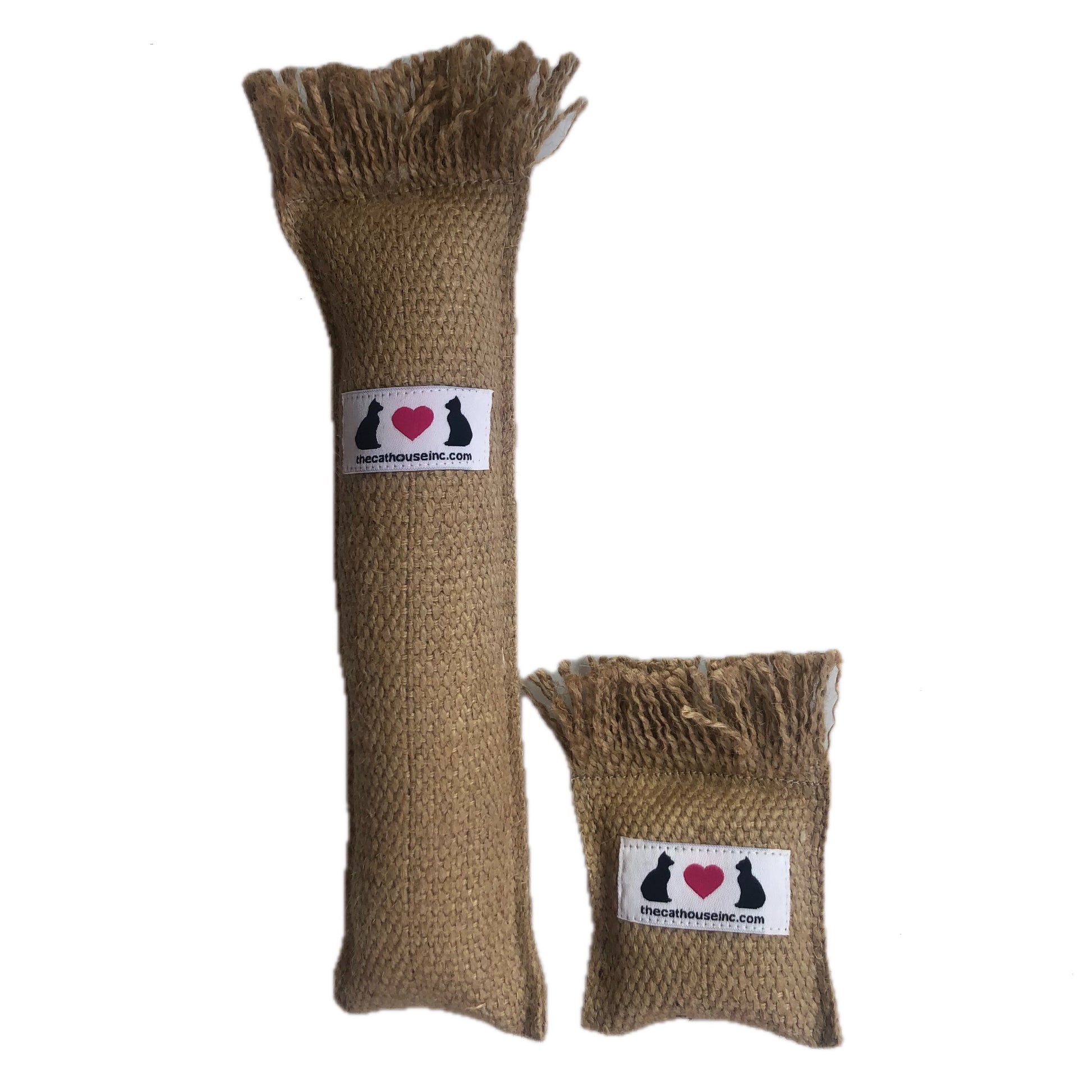 burlap with fringe cat toys in 2 sizes filled with honeysuckle and catnip, bestsellers