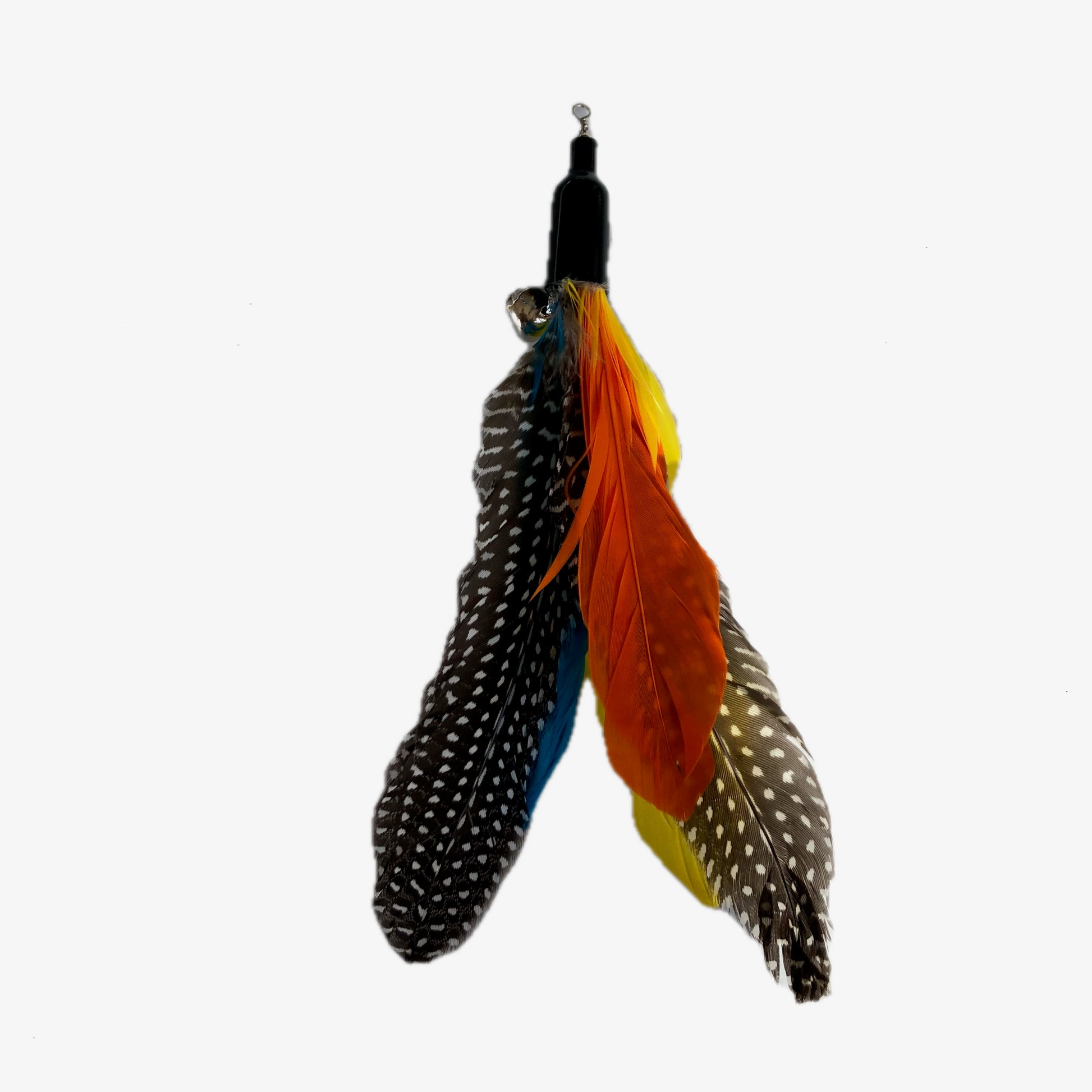 cat toy attachment with colourful feathers, typically about 6" long with tufted fluffy feathers at the base, variety of shapes, sizes and colours.