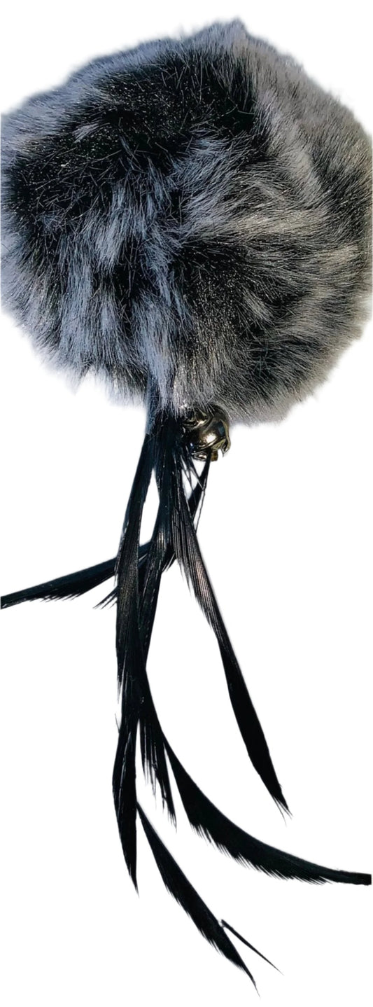 lightweight grey fur ball with small bell and feather tail, approximately 2” in diameter with a 4” tail