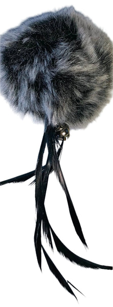 lightweight grey fur ball with small bell and feather tail, approximately 2” in diameter with a 4” tail