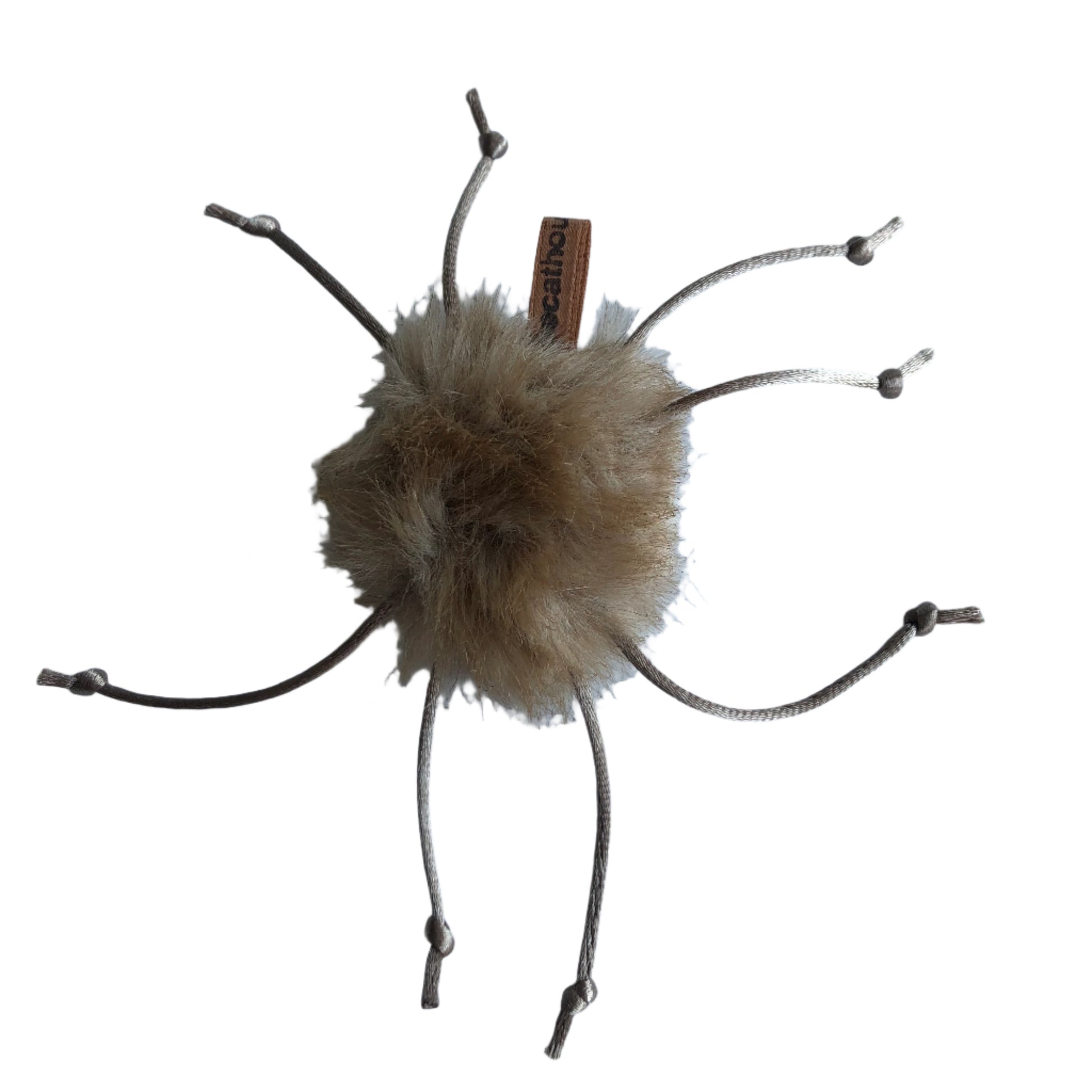 vegan faux fur "spider" cat toy, beige body made with faux fur and "legs" made of beige satin cord - body about 1" and legs 2.25"