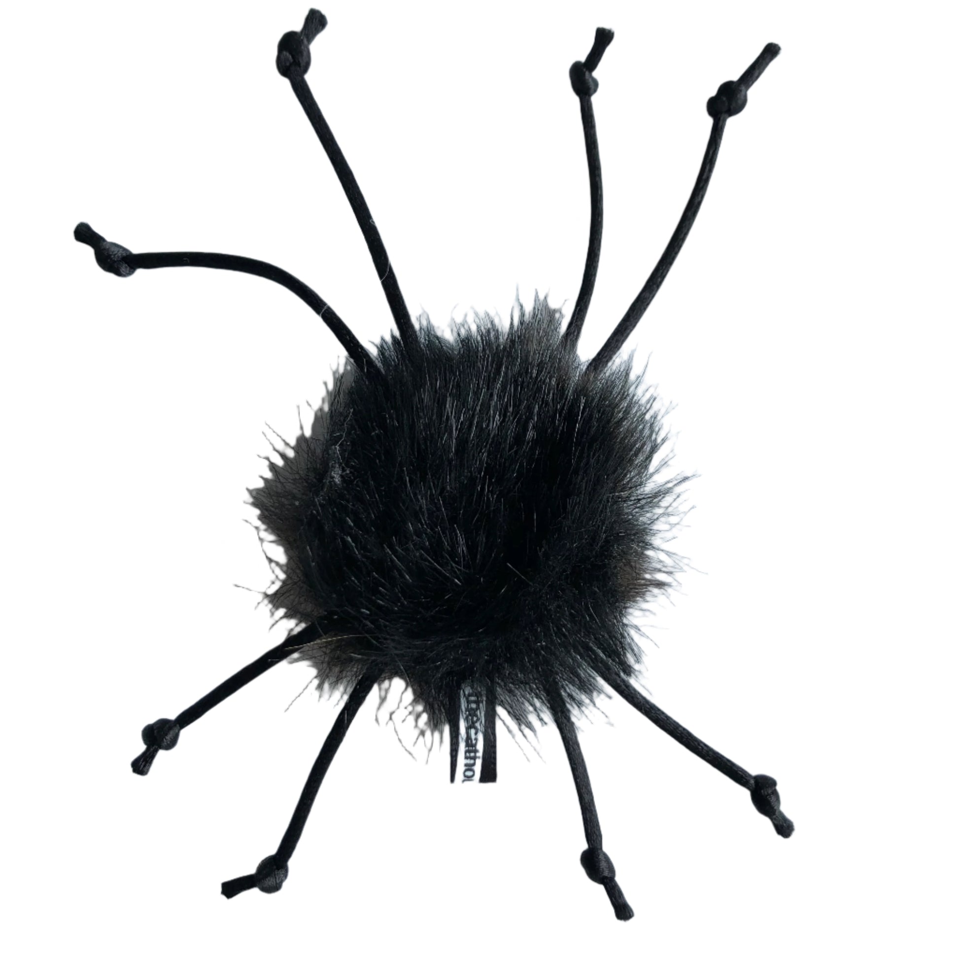 vegan faux fur "spider" cat toy, black body made with faux fur and "legs" made of black satin cord - body about 1" and legs 2.25"