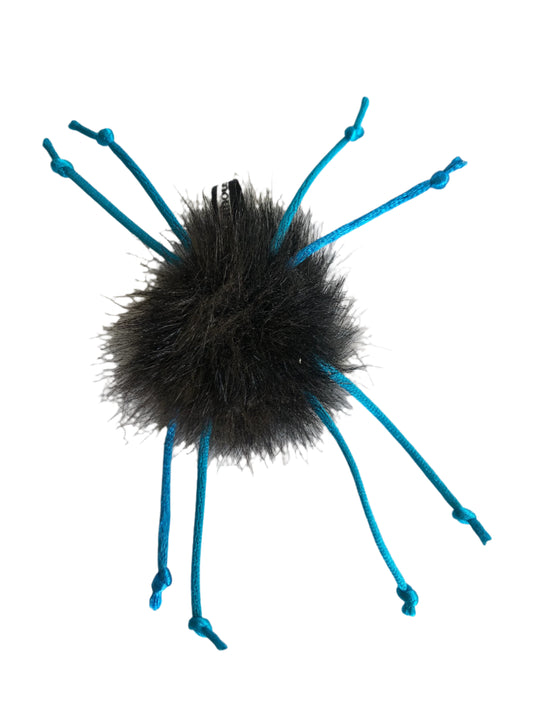 cat toy spider with black fake fur body with eight blue satin thread "legs"; body is 1" long, legs are 2.25" 