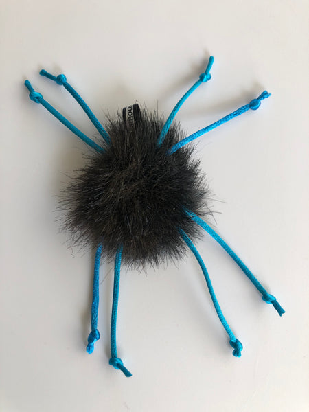 cat toy spider with black fake fur body with eight blue satin thread "legs"; body is 1" long, legs are 2.25" 