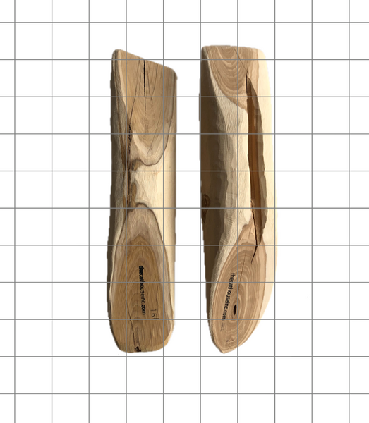 two sticks of Honeysuckle wood, pieces range in shape, size and weight in the 160g range, seen here against a 1" grid for reference