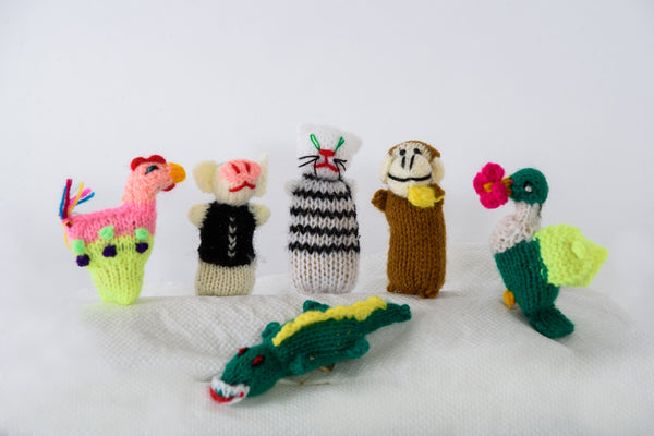 knit animal characters about 3" and stuffed with honeysuckle and catnip - animals shown here rooster, pig, cat, monkey, alligator