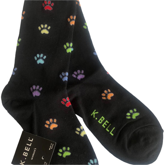 super cute K Bell brand socks – black with multicoloured paw prints, one of our personal favourites