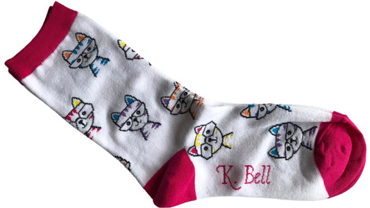 K Bell white crew socks with pink trim and variety of different coloured cats wearing glasses