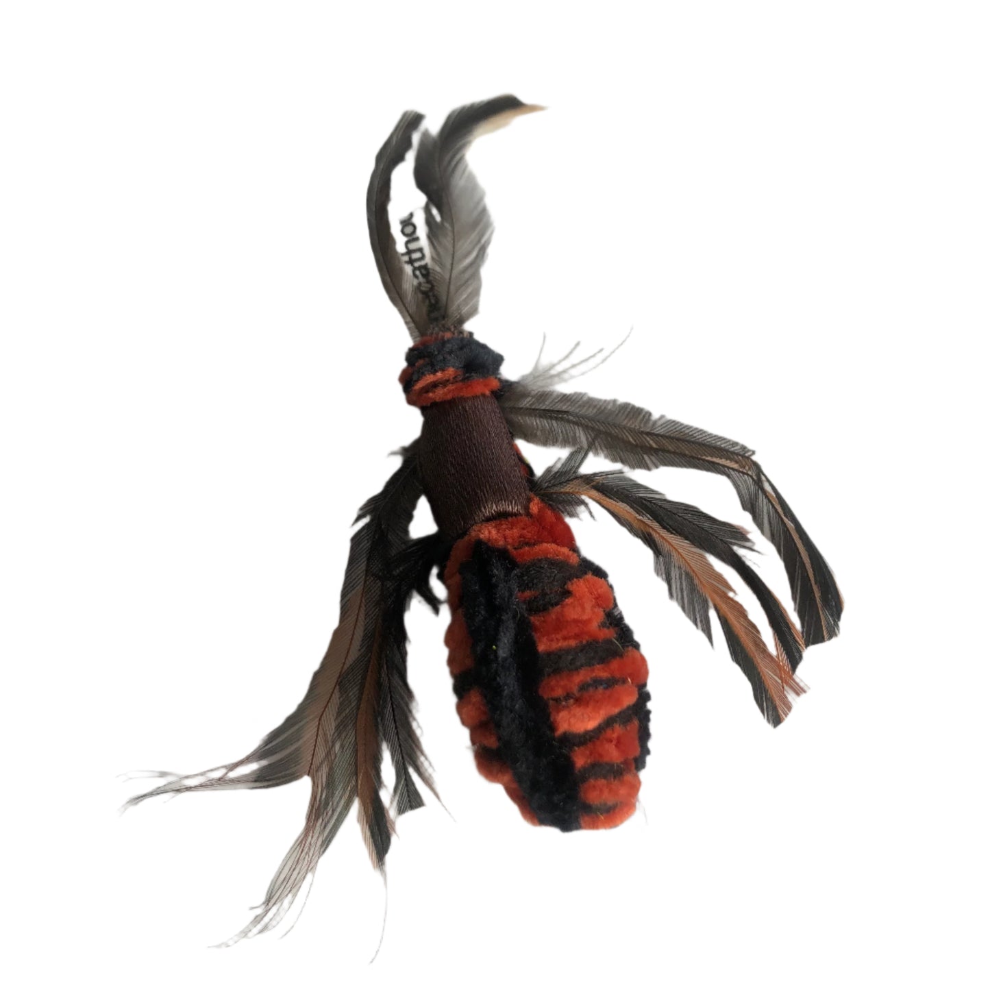 cat toy that looks like a bug, made with velour body and feathers for wings