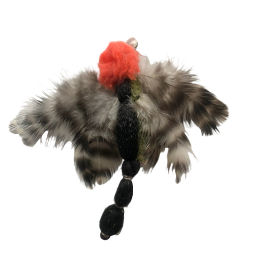 handmade of wool and feathers, this cat toy is a favourite for kitty to play with on its own or attach to a wand and play together, about 4" tip to tail