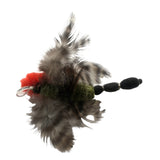 handmade of wool and feathers, this cat toy is a favourite for kitty to play with on its own or attach to a wand and play together, about 4" tip to tail, seen here on the flip side