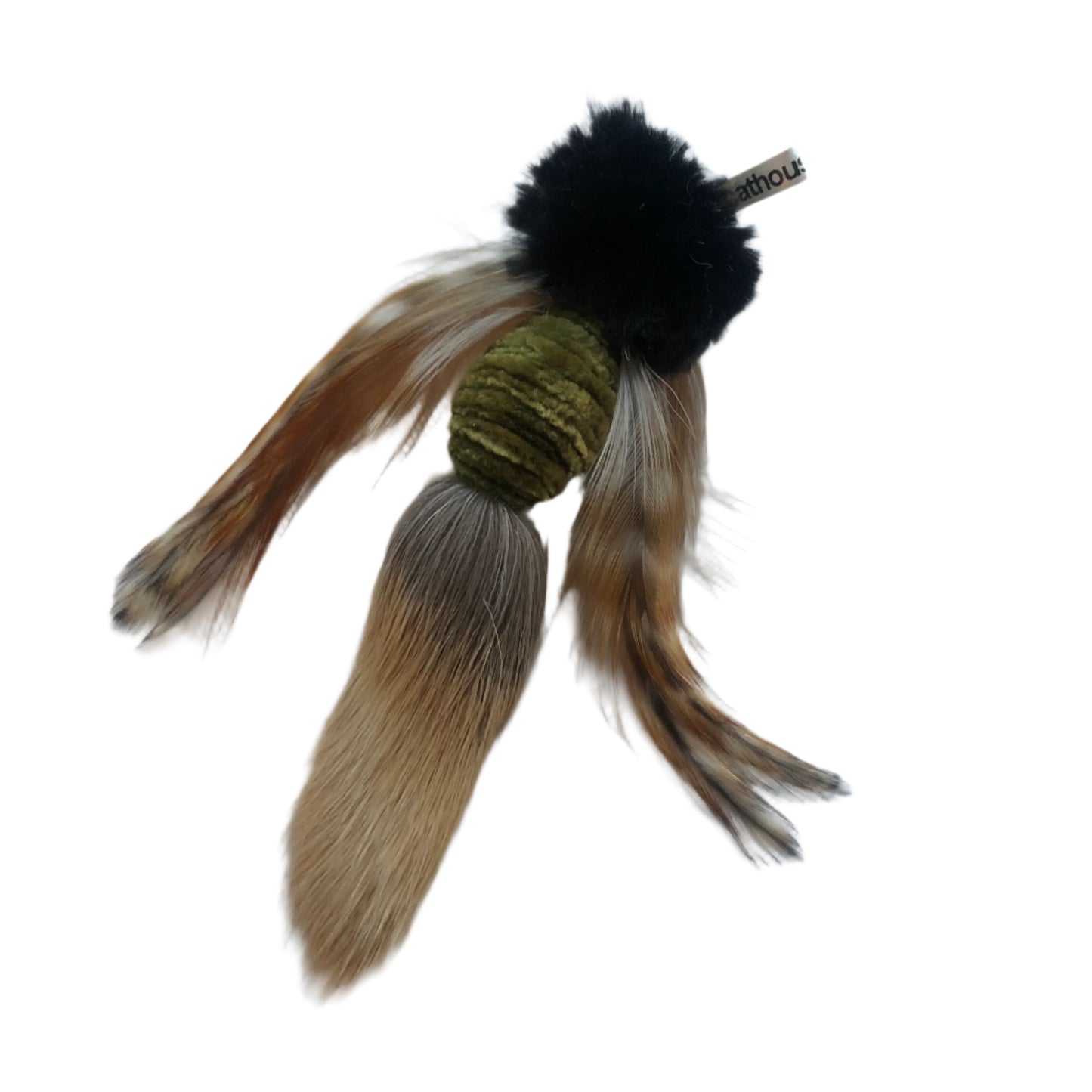 handmade cat toy that is  lightweight, fur and feathers, approximately 4" long including the tail