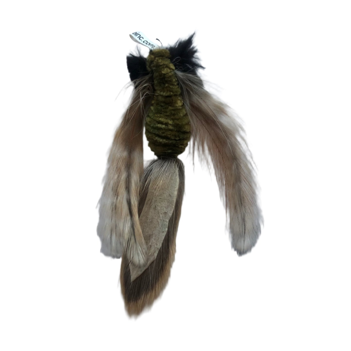 handmade cat toy that is  lightweight, fur and feathers, approximately 4" long including the tail, real fur and feathers, seen her from flip side