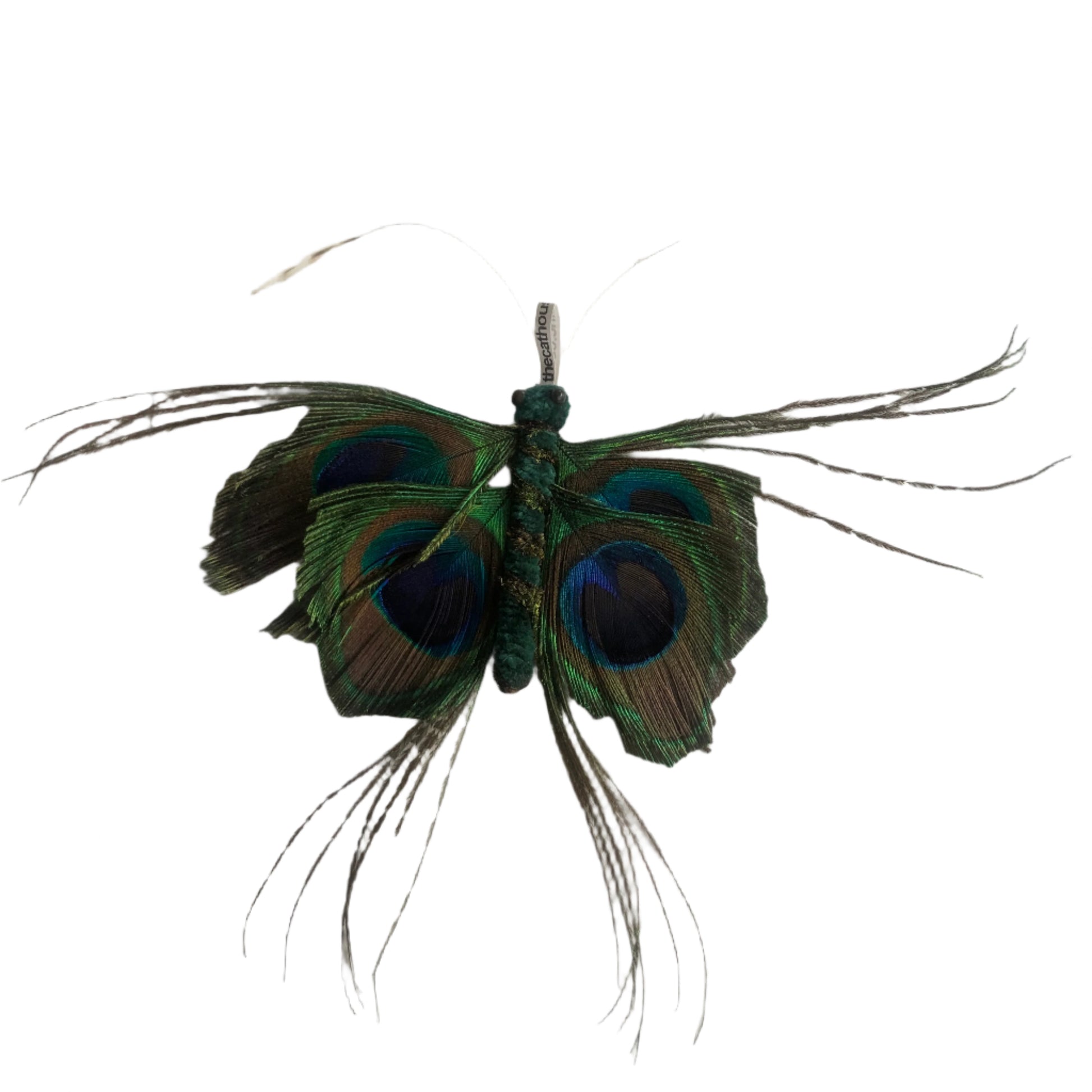 handmade cat toy that looks like a butterfly with peacock feathers for wings