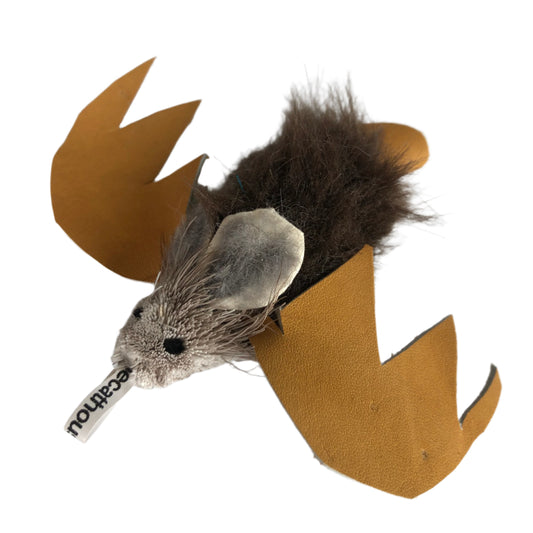 fur cat toy with brown leather bat wings 2.5" nose to tail and about 3" across including wings