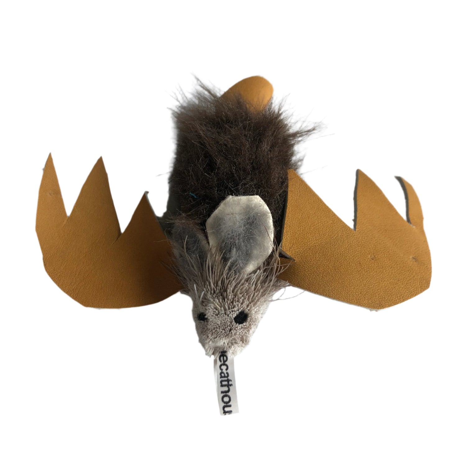 cat toy made of fur with brown leather bat wings, body of sheared fur, large ears, about 2.5" nose to tail and 3" across including wings