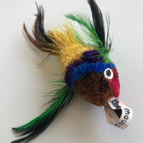 multicoloured cat toy attachment with sheared fur body and feather wings and tail