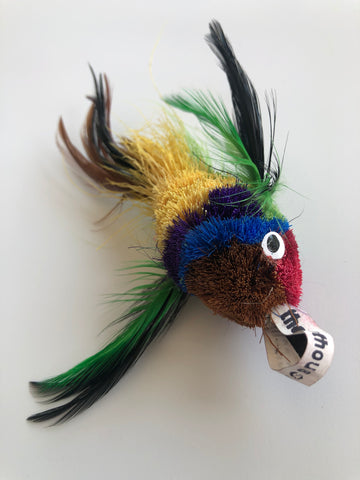 close up of multicoloured cat toy with feathers that looks like a bird