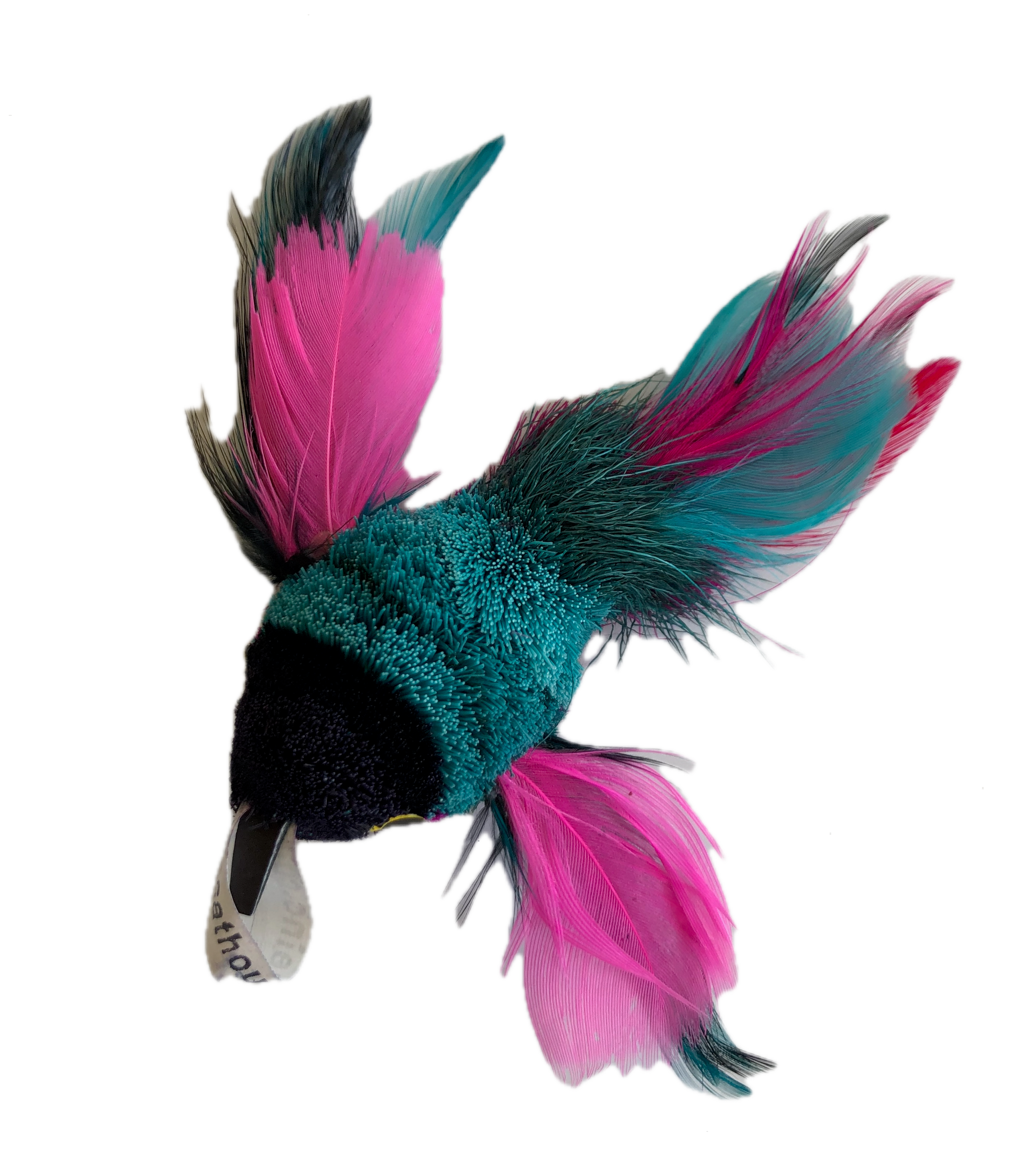 multicoloured cat toy attachment with sheared fur body and feather wings and tail, comes in a variety of colours and types of feathers