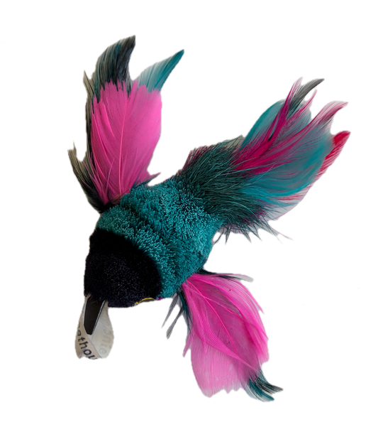 multicoloured cat toy attachment with sheared fur body and feather wings and tail, comes in a variety of colours and types of feathers