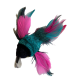 multicoloured cat toy attachment with sheared fur body and feather wings and tail, comes in a variety of colours and types of feathers