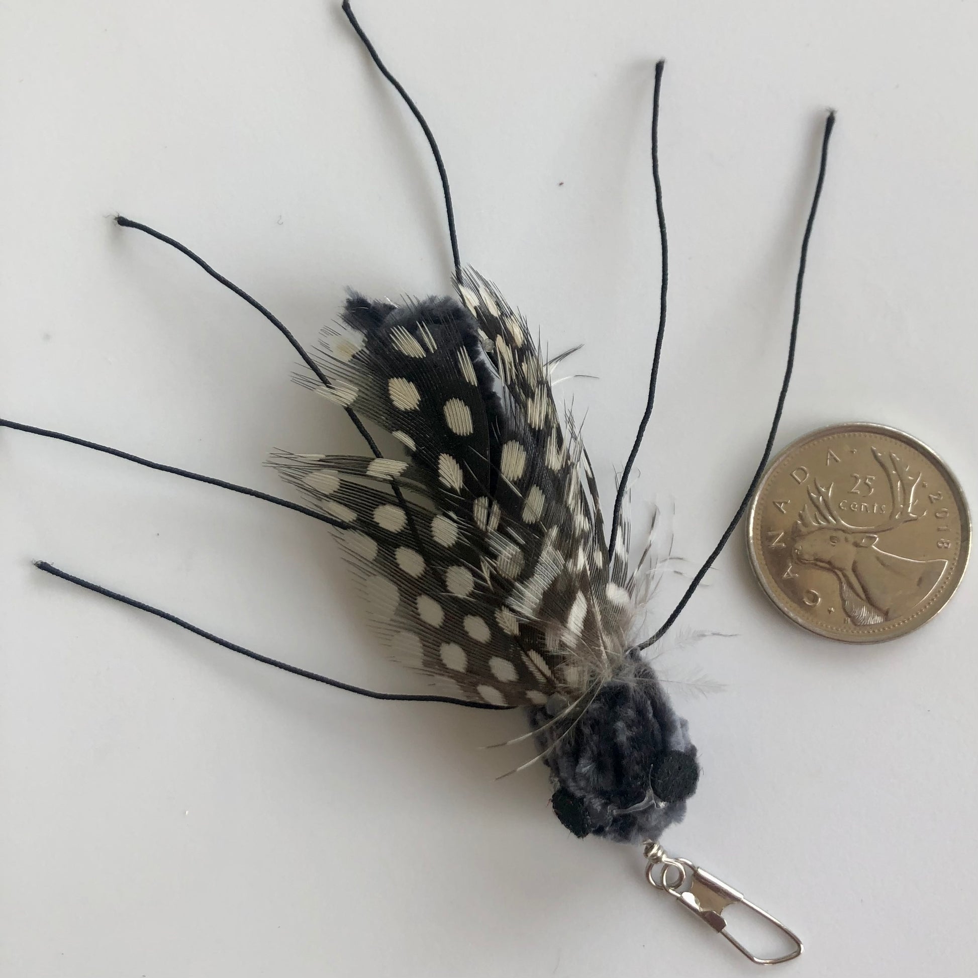 closeup of grey "bug" handmade cat toy with velvet velour body and polka dot feather wings, shown with coin to show relative size