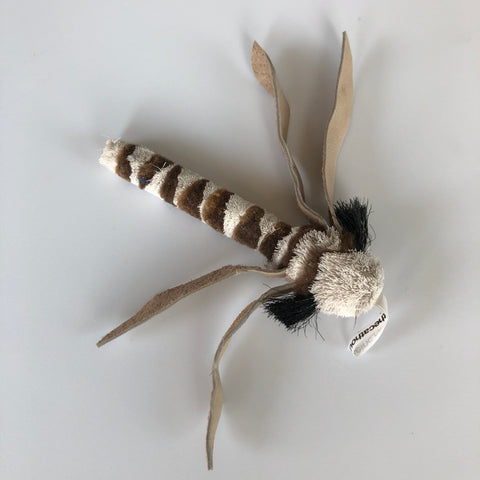 cat toy that looks like dragonfly - 4" body made of close cut fabric and wings made of leather, about 5" with wings spread out