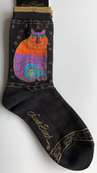 black Laurel Burch crew socks with gold trim and iconic cat in orange/lilac/turquoise, iconic gold swirls