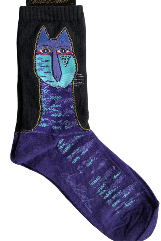 black crew sock with iconic Laurel Burch cat in purple with gold outline