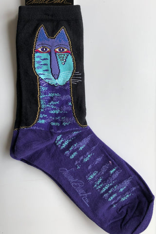 black crew sock with iconic Laurel Burch cat in purple with gold outline