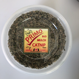 closeup of small plastic container with 21g primo organic Canadian grown catnip