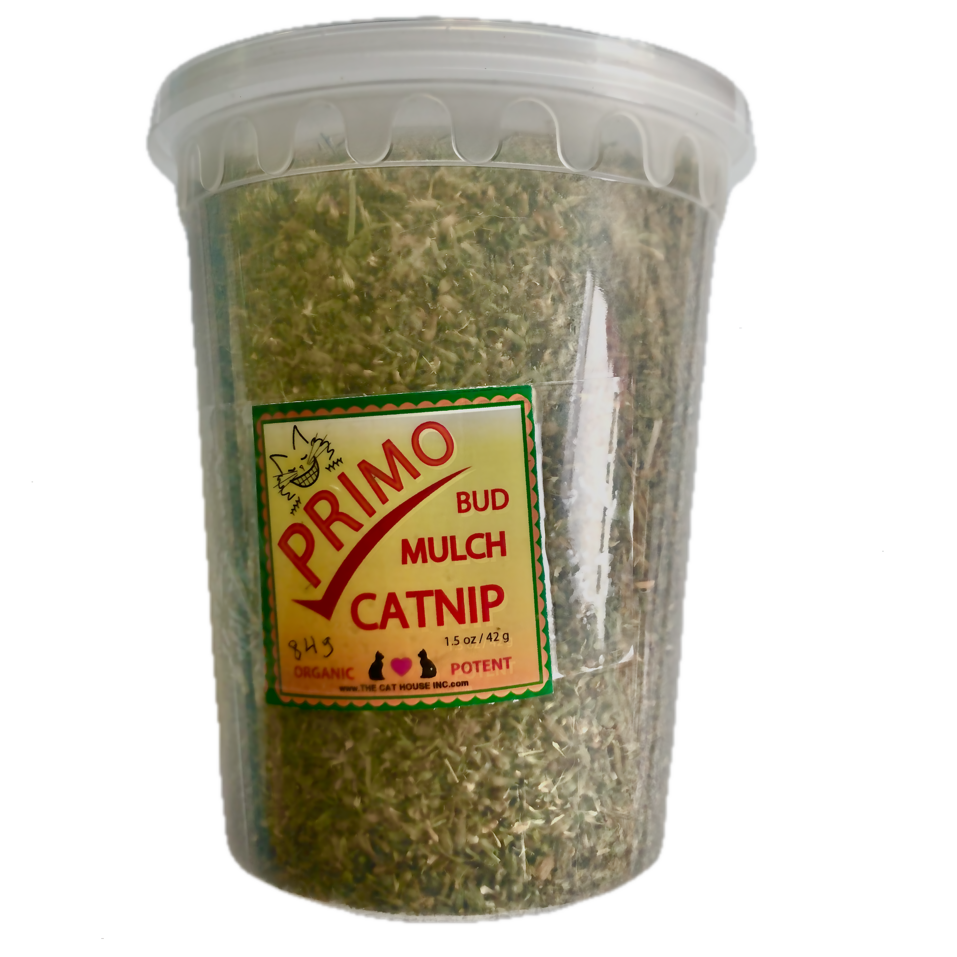 close up of 84g plastic container filled with organic high potency Canadian grown catnip