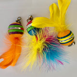 group of 3 multicolour foam balls with a variety of different coloured real feather tails, feather is approx. .75" long and ball is about 1.25" diameter, a great cat toy, bestseller