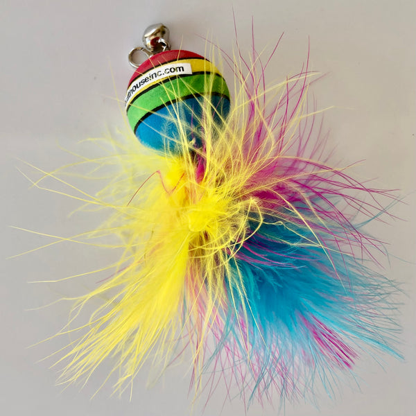 rainbow foam ball with feather tail, small bell and easy open clasp to attach to any rod or wand, available with real or synthetic feathers