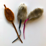 3 real fur mouse variations with dark brown fur, white and grey each with different colour leather tails – pink tail is our favourite!