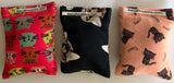 closeup of 3 refillable bags each with different pattern and colour, 2.5" x 3.5", cotton