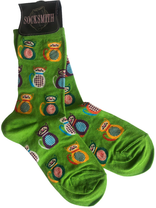 acid green socksmith crew socks with variety of coloured cats, super cute