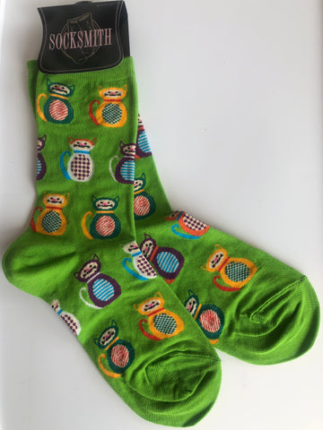 acid green socksmith crew socks with variety of coloured cats, super cute