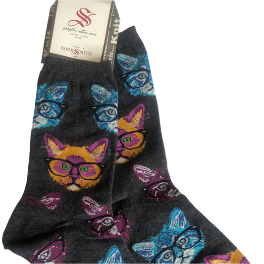 black socksmith crew socks with blue and orange cats wearing glasses, super cute