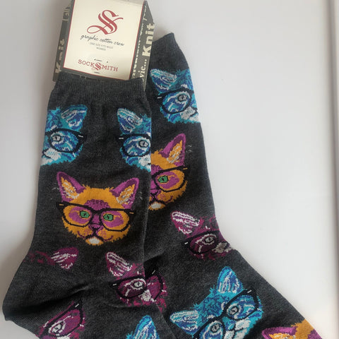 black socksmith crew socks with blue and orange cats wearing glasses, super cute