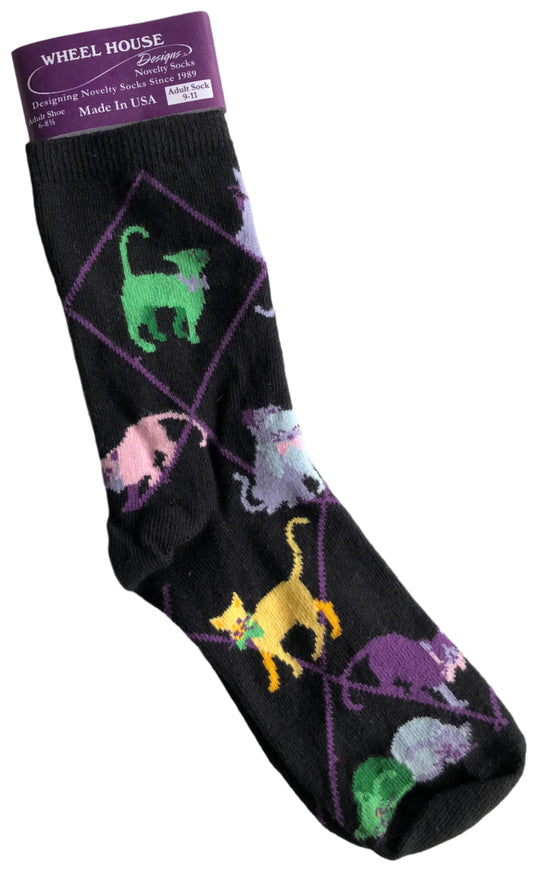 black crew socks with purple argyle and coloured cats wearing bow ties! super cute