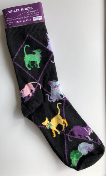 black crew socks with purple argyle and coloured cats wearing bow ties! super cute