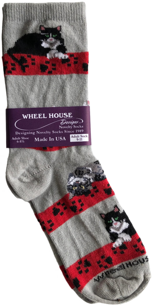 light grey crew socks with 4 horizontal red bands with black paw prints + 3 black + white cats sitting with their paws crossed, so cute!