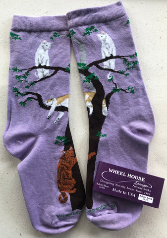 beautiful lilac crew socks with 3 different cats lounging in a tree