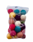 bag of 25, small multicolour wool balls with a thread tail that cats love to play with