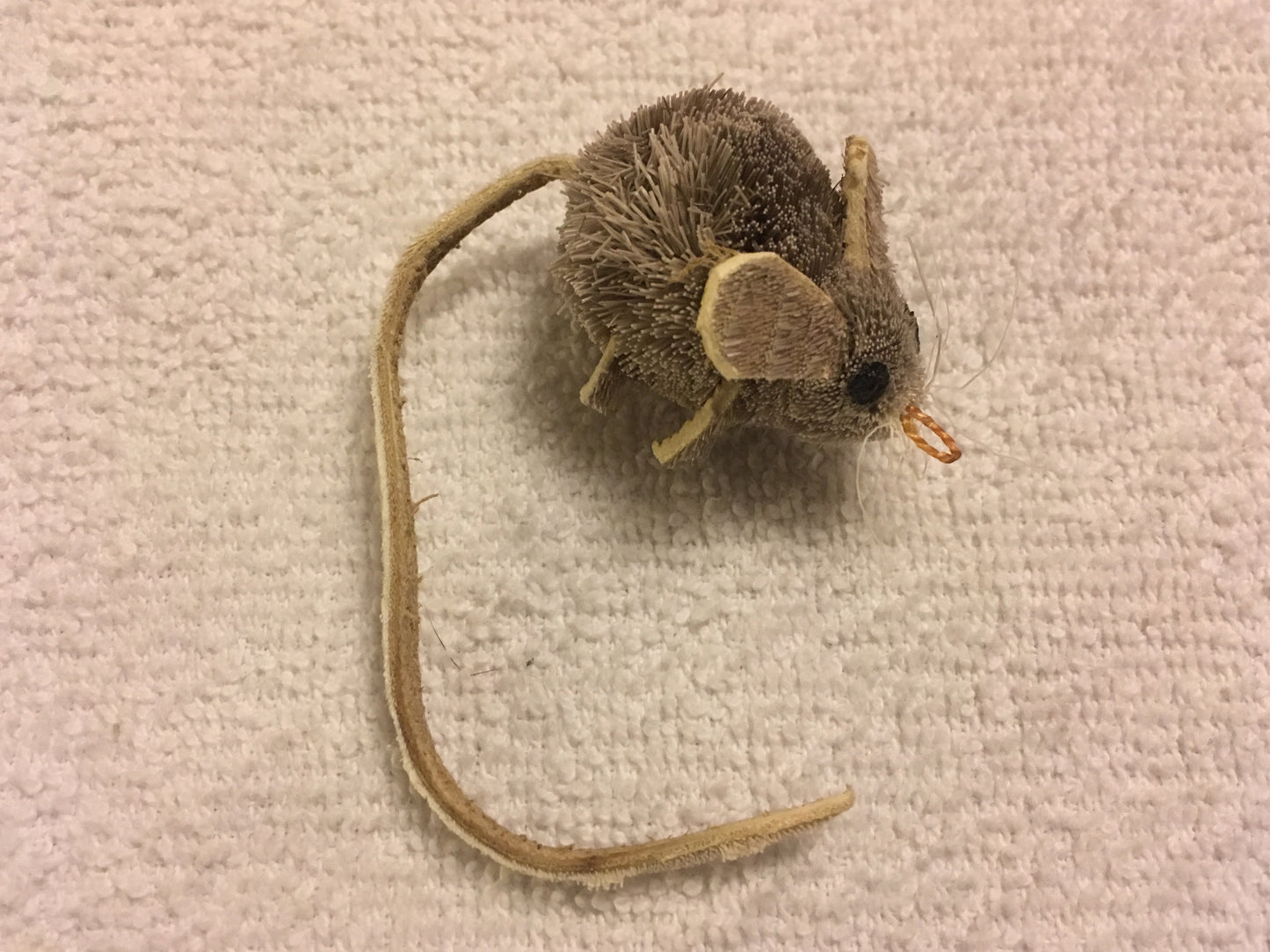 handmade cat toy mouse with short hair, realistic mouse with leather tail